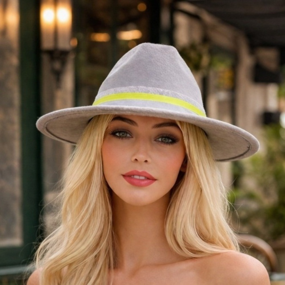 Fedora Hat Gray Women with Gray, Lime & Silver Band along with Small‎ Lime Scarf